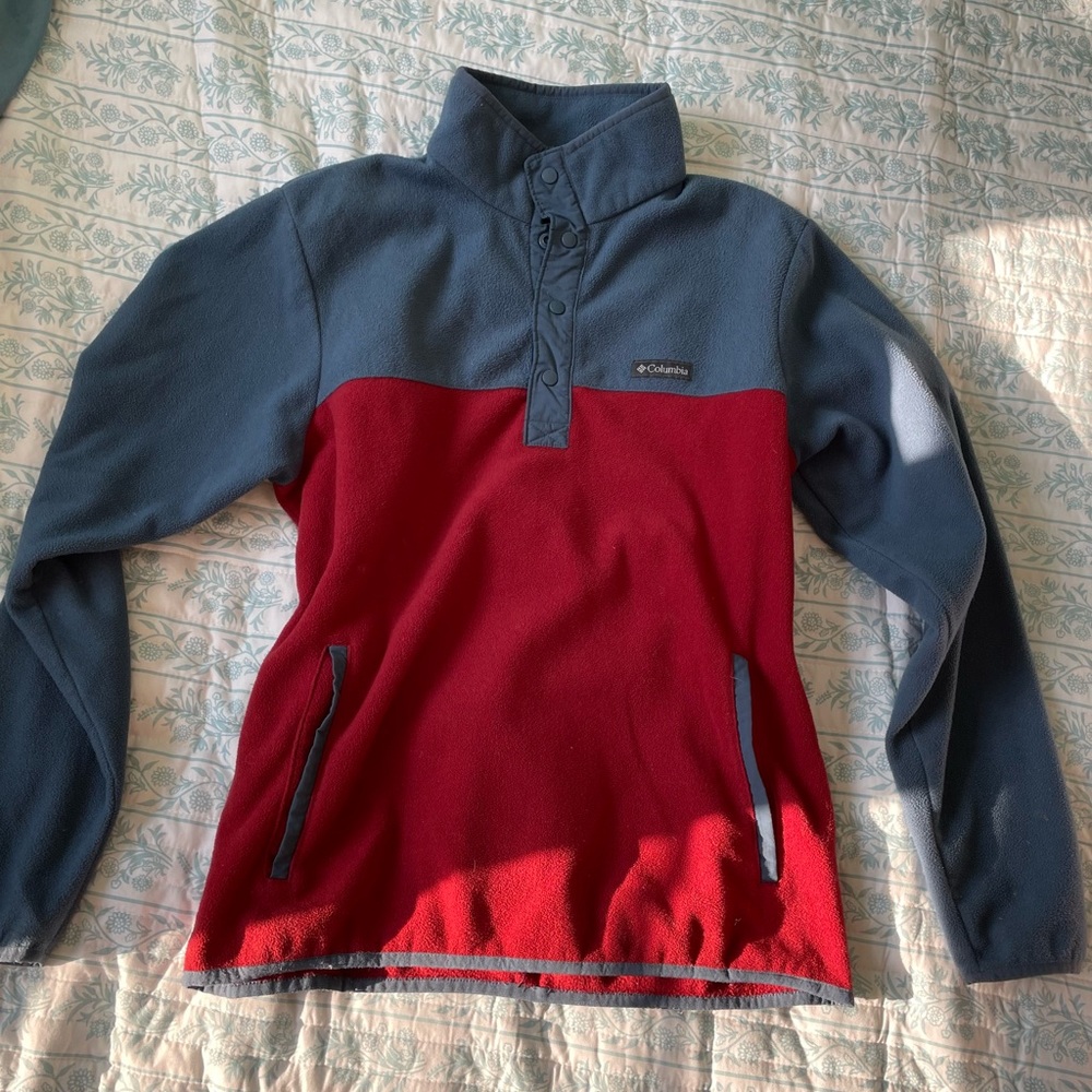 Columbia Fleece Sweater in Red and Blue with Quarter-Zip
